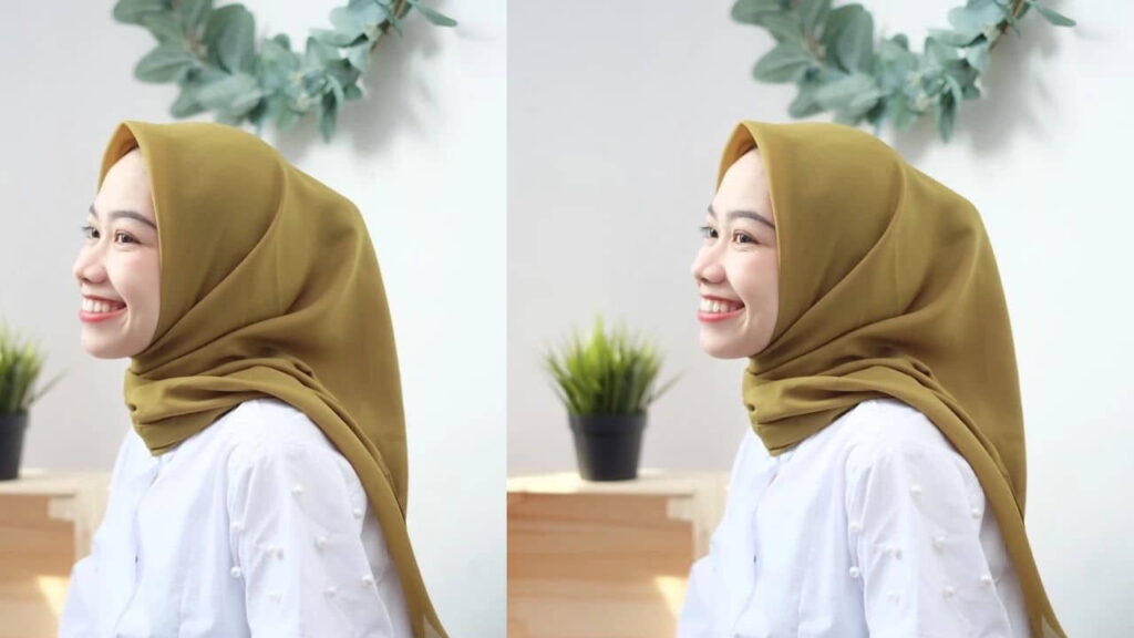 baju kelabu tudung warna hijau zaitun