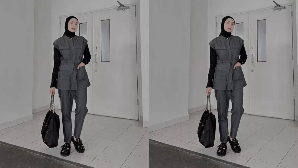 baju kelabu tudung warna hitam