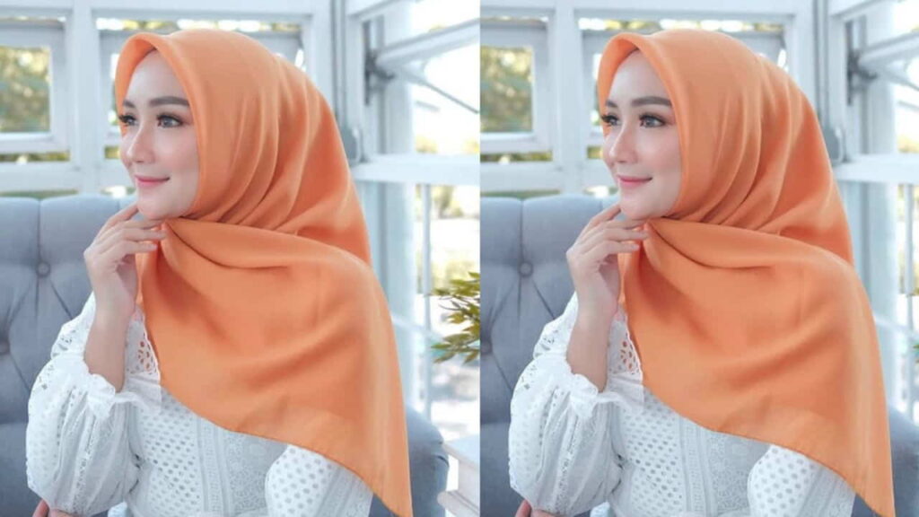 baju kelabu tudung warna jingga terang