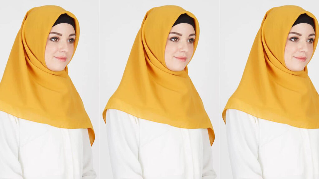 baju kelabu tudung warna kuning mustard