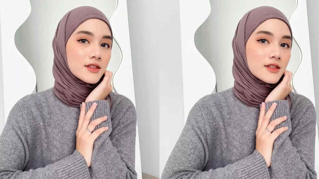 baju kelabu tudung warna mauve