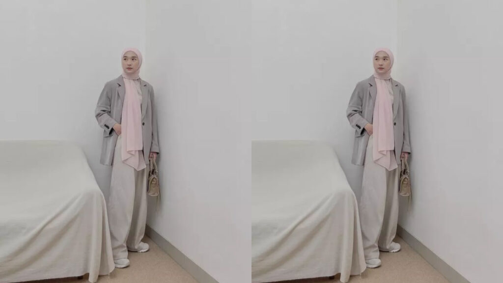 baju kelabu tudung warna soft pink