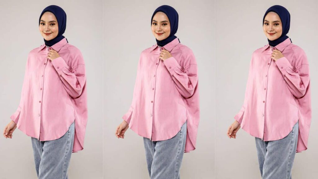 baju pink belacan tudung warna biru navy