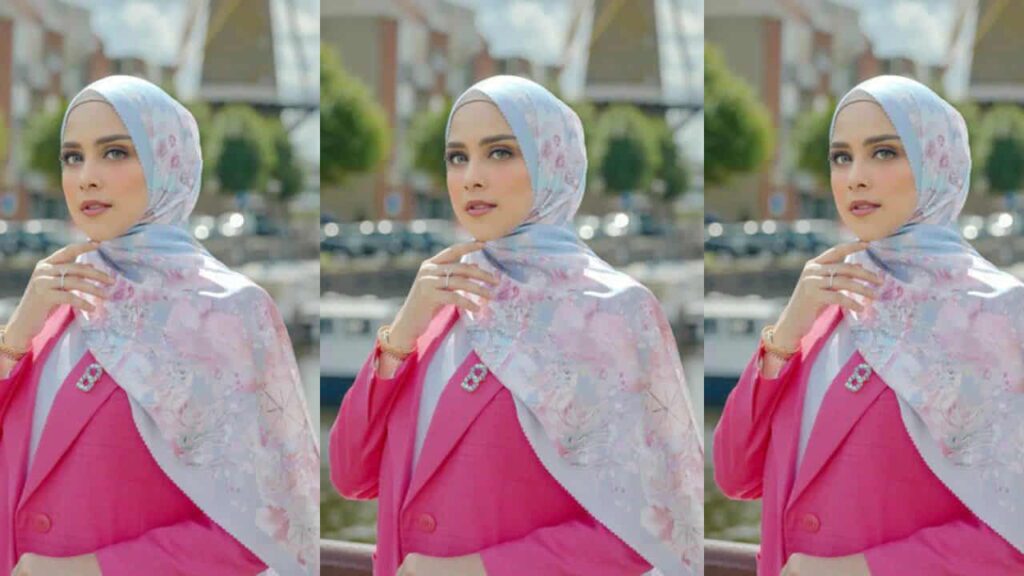 baju pink belacan tudung warna biru pastel