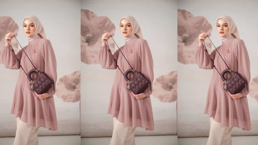 baju pink belacan tudung warna cream