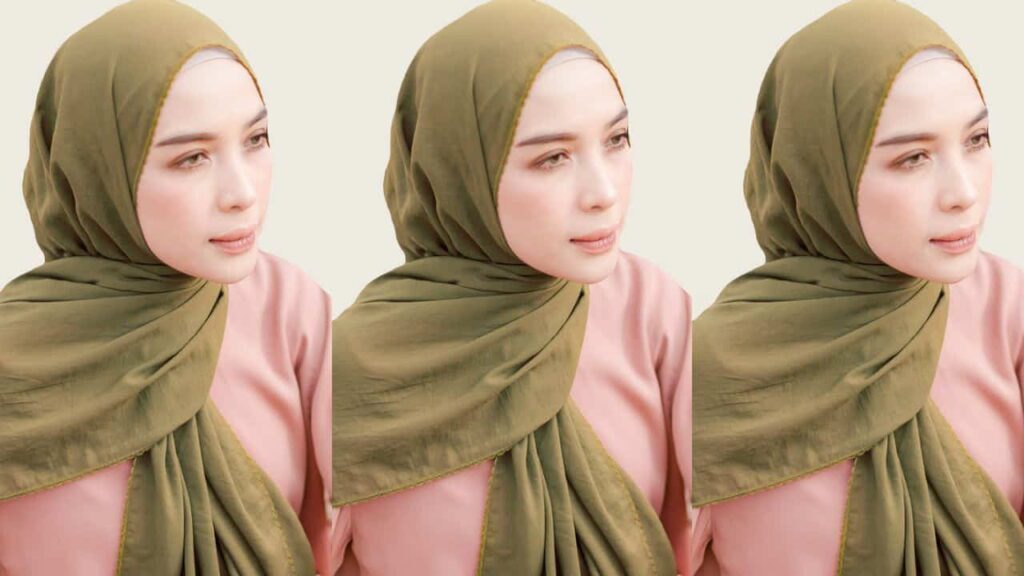 baju pink belacan tudung warna hijau zaitun