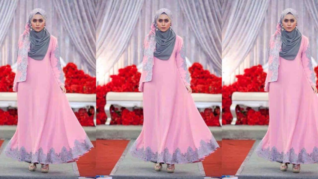 baju pink belacan tudung warna kelabu