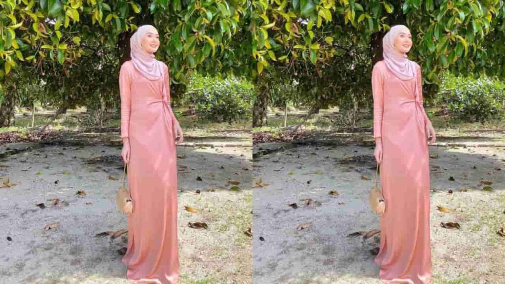 baju pink belacan tudung warna rose gold