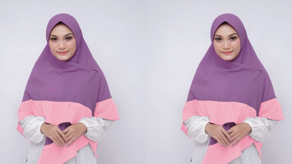 baju pink belacan tudung warna ungu gelap