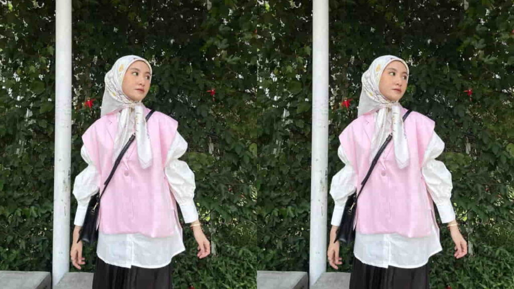 baju pink tudung motif