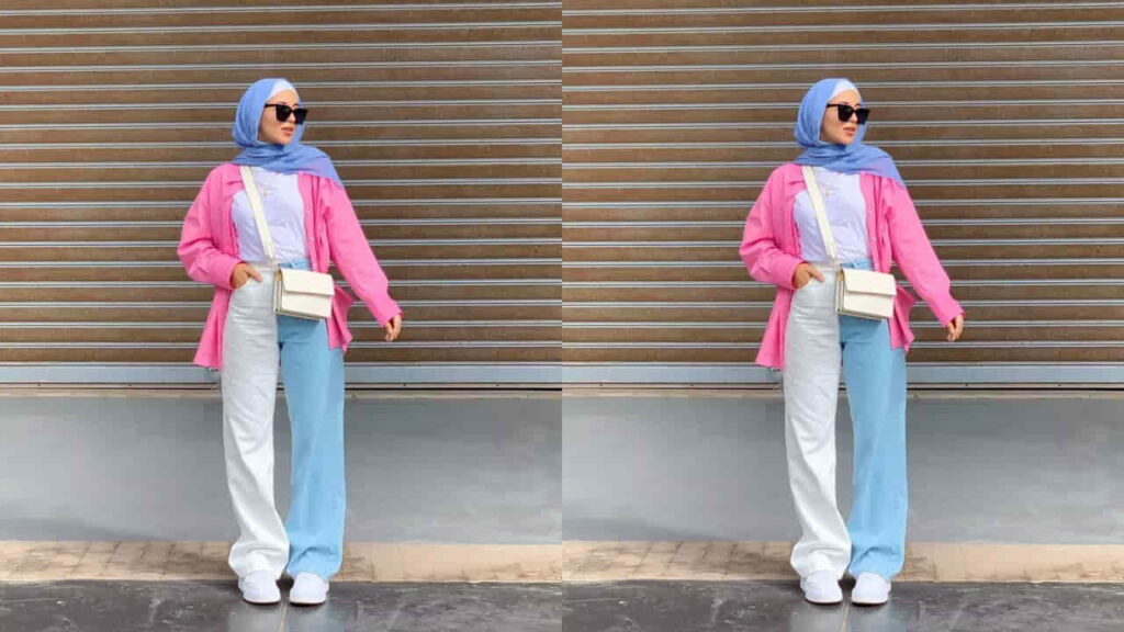 baju pink tudung warna biru muda