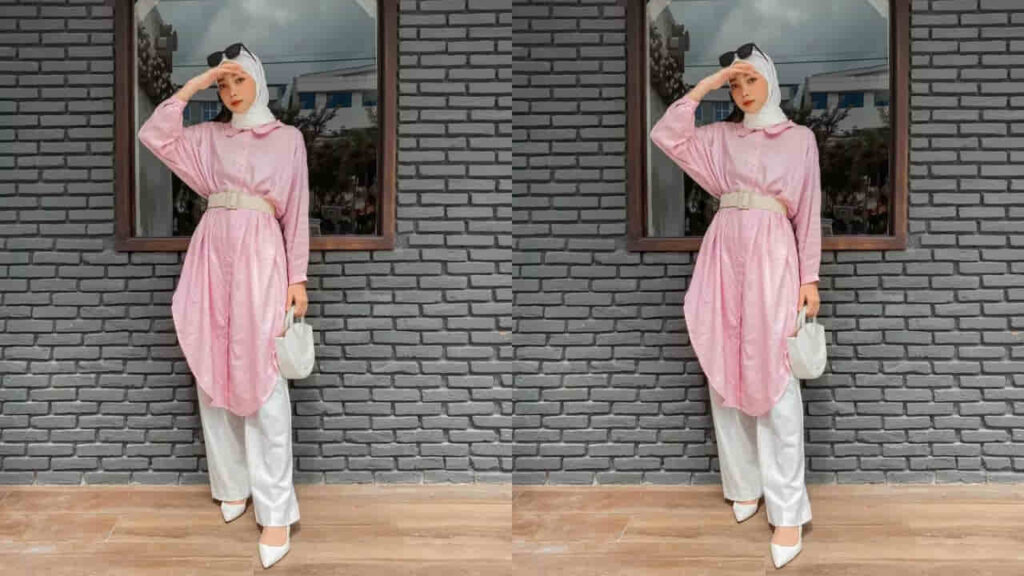 baju pink tudung warna putih