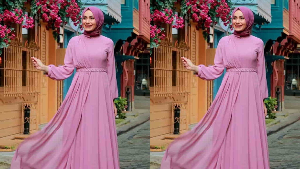 baju pink tudung warna ungu