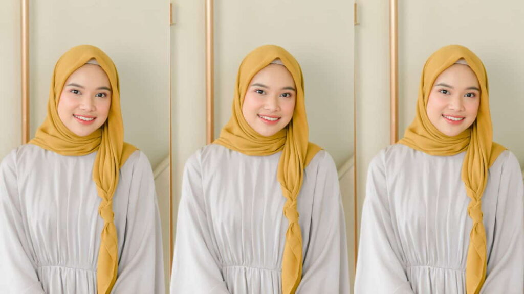 baju putih tudung warna kuning mustard