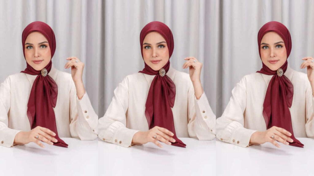 baju putih tudung warna maroon