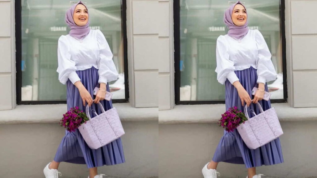 baju putih tudung warna violet