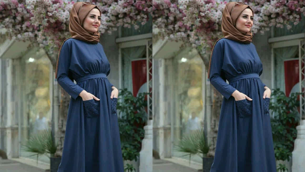 baju royal blue tudung warna coklat tua