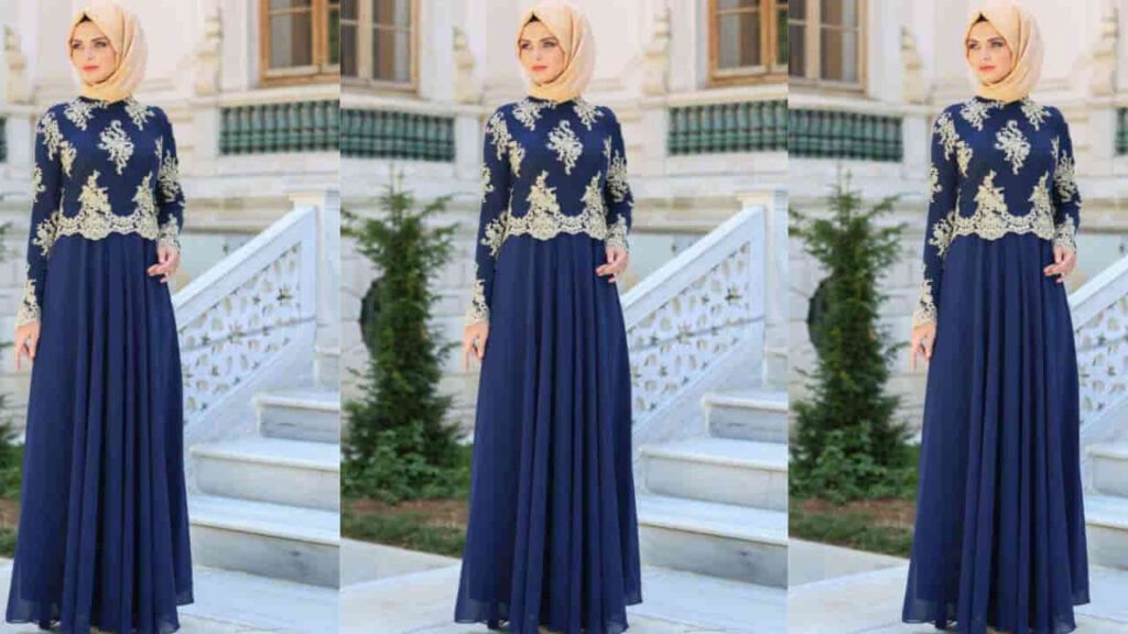 baju royal blue tudung warna gold