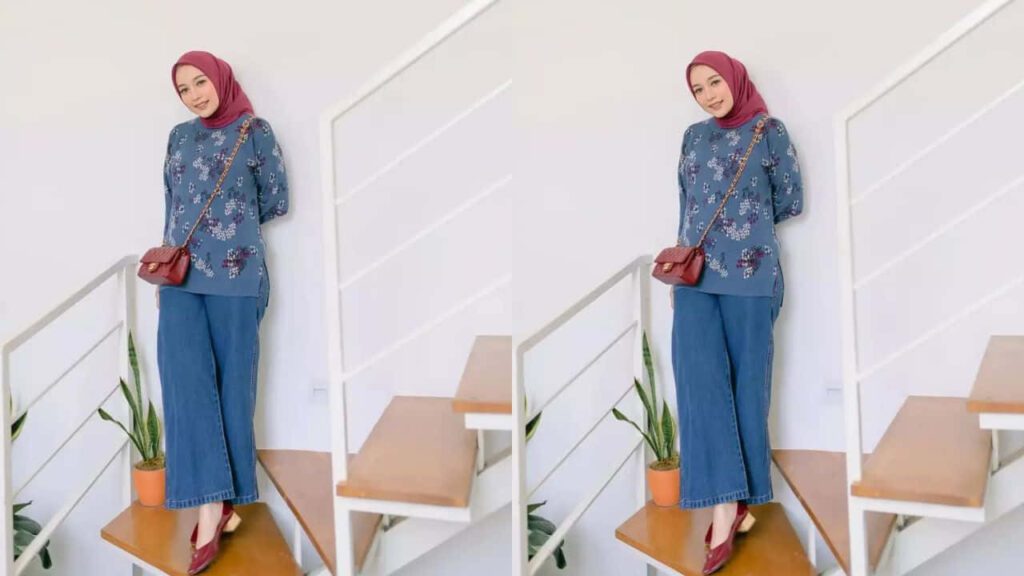 baju royal blue tudung warna merah maroon