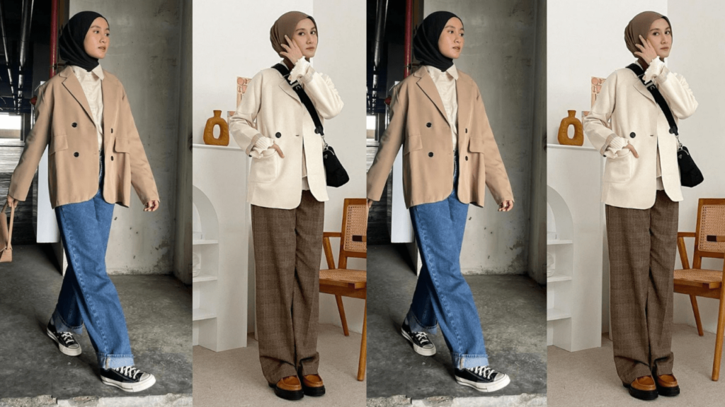 (hijab style ootd casual blazer dan sneakers)