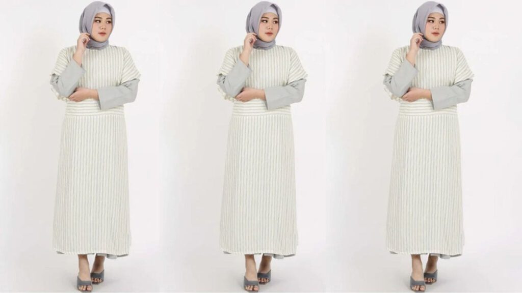 fesyen baju raya plus size, amara plus yellow stripe grey gamis dress