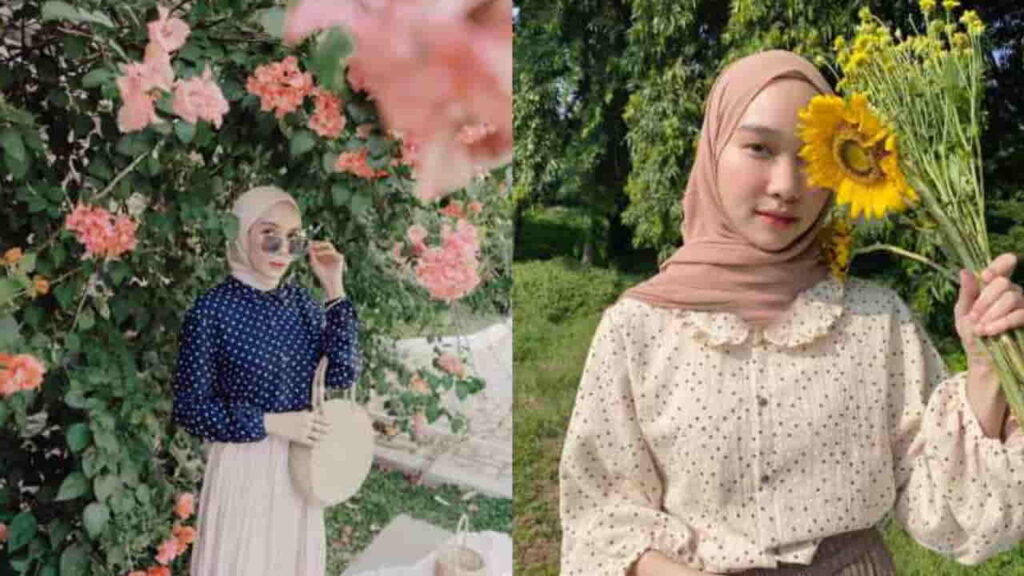 retro style hijab, balloon blouse shirt