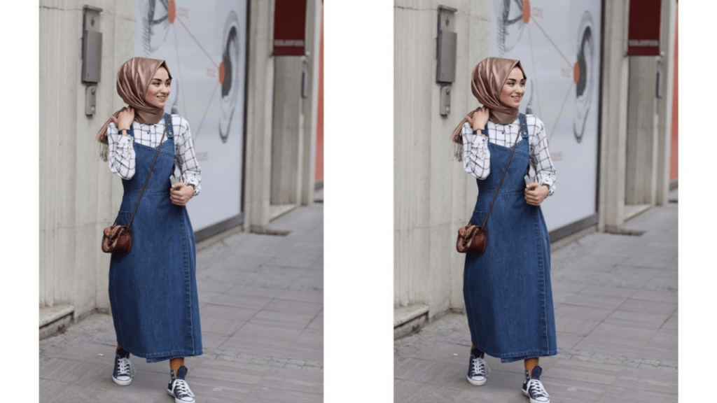 (hijab style ootd casual skirt denim dan sneakers)