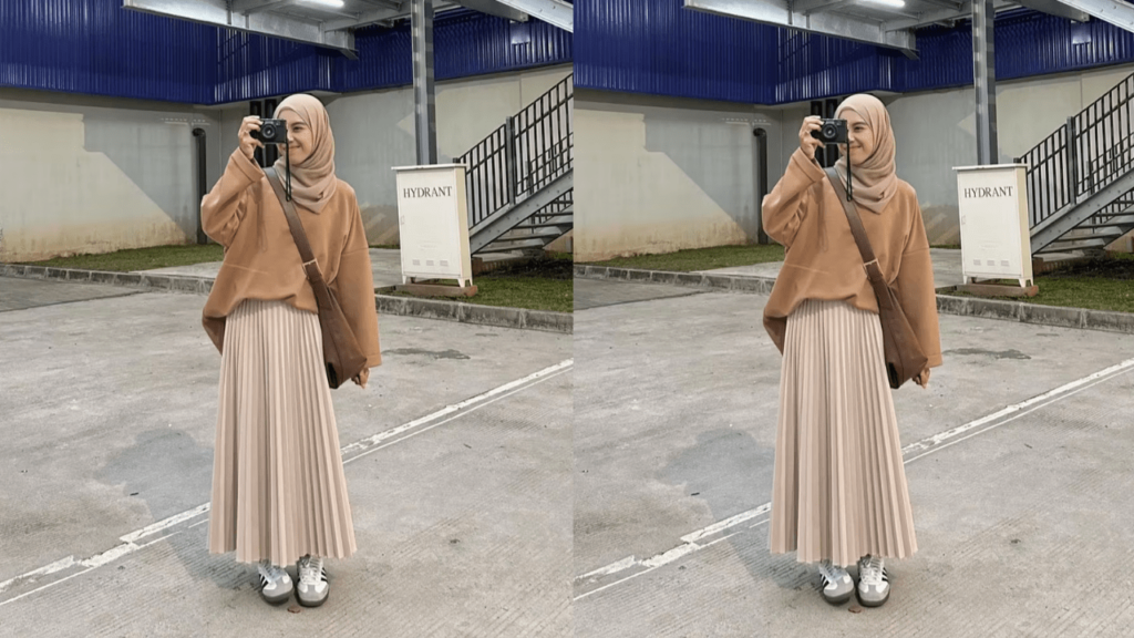 (hijab style ootd casual sweater dan pleated skirt)