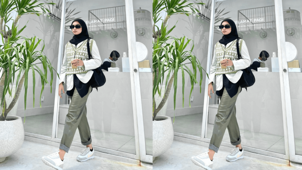 (hijab style ootd casual vest rajut)