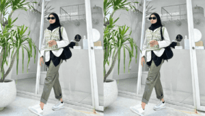 hijab style ootd casual vest rajut